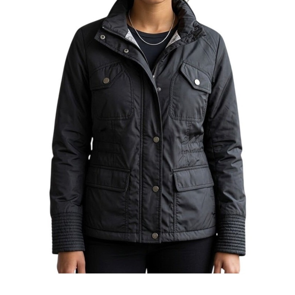 Chicos Womens Black Quilted Jacket Size 0 Small Lightweight Button Front Coat‎